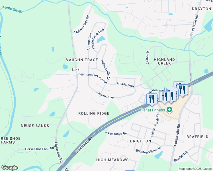 map of restaurants, bars, coffee shops, grocery stores, and more near 4208 Auburn Hills Drive in Raleigh