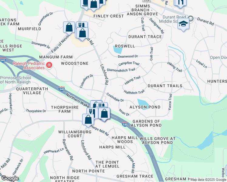 map of restaurants, bars, coffee shops, grocery stores, and more near 8612 Cheerful Court in Raleigh