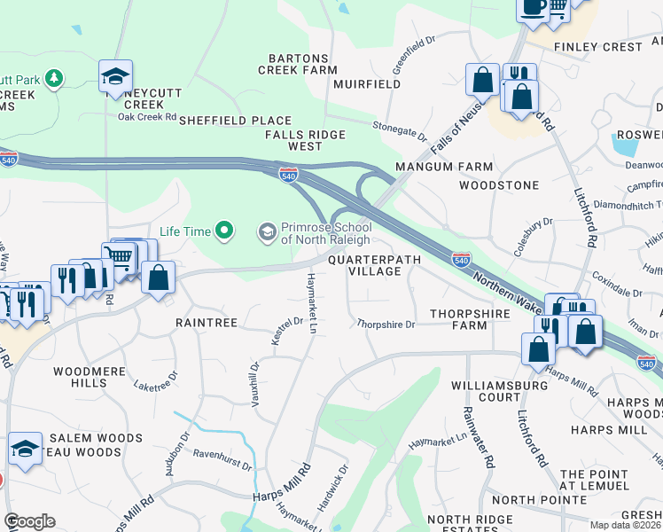 map of restaurants, bars, coffee shops, grocery stores, and more near 8701 Falls of Neuse Road in Raleigh