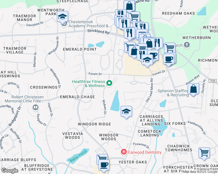 map of restaurants, bars, coffee shops, grocery stores, and more near 8300 Leyburn Court in Raleigh