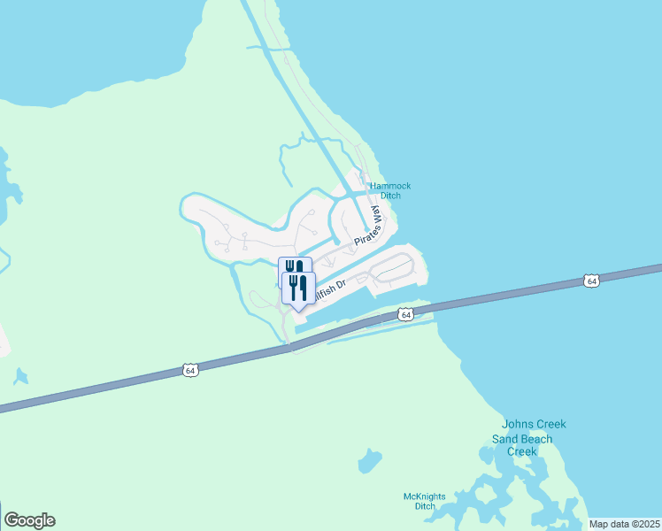 map of restaurants, bars, coffee shops, grocery stores, and more near 531 Pirates Way in Manteo