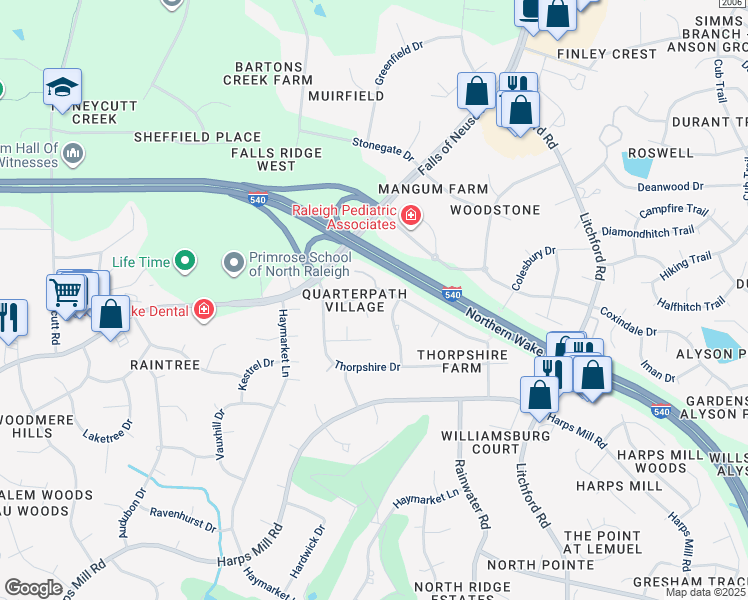 map of restaurants, bars, coffee shops, grocery stores, and more near 1812 Carrington Drive in Raleigh
