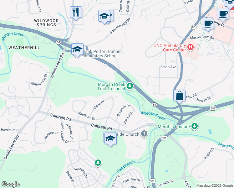 map of restaurants, bars, coffee shops, grocery stores, and more near 105 Marin Place in Chapel Hill