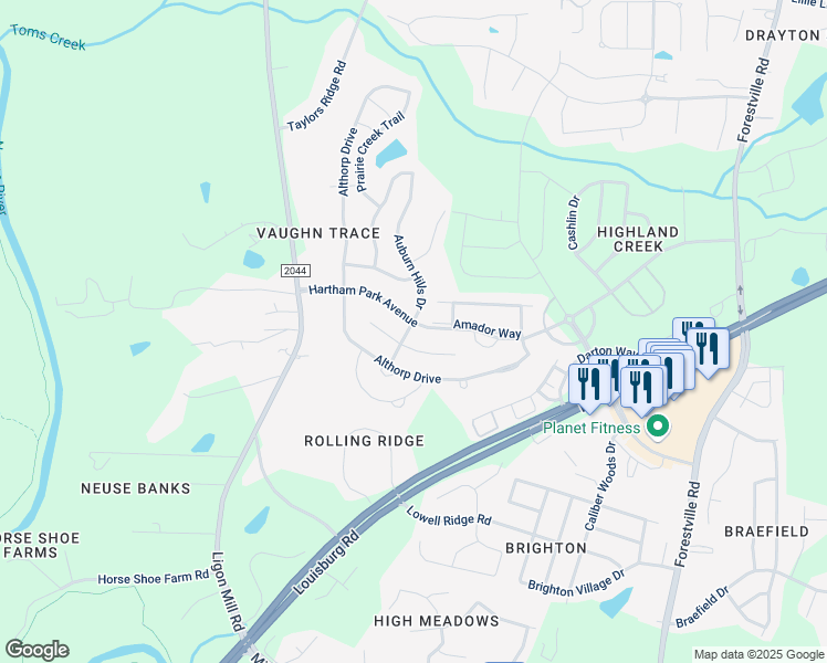 map of restaurants, bars, coffee shops, grocery stores, and more near 4208 Auburn Hills Drive in Raleigh