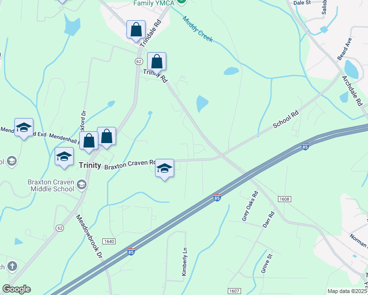 map of restaurants, bars, coffee shops, grocery stores, and more near 5386 Braxton Craven Road in Trinity