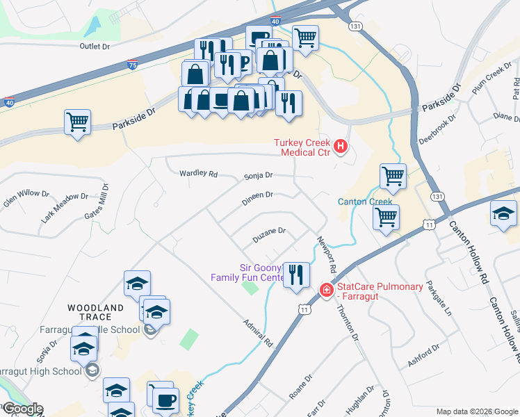 map of restaurants, bars, coffee shops, grocery stores, and more near 10837 Dineen Drive in Knoxville