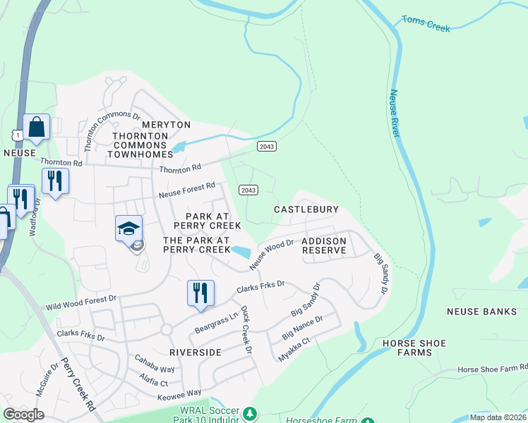 map of restaurants, bars, coffee shops, grocery stores, and more near 5512 Thornton Road in Raleigh