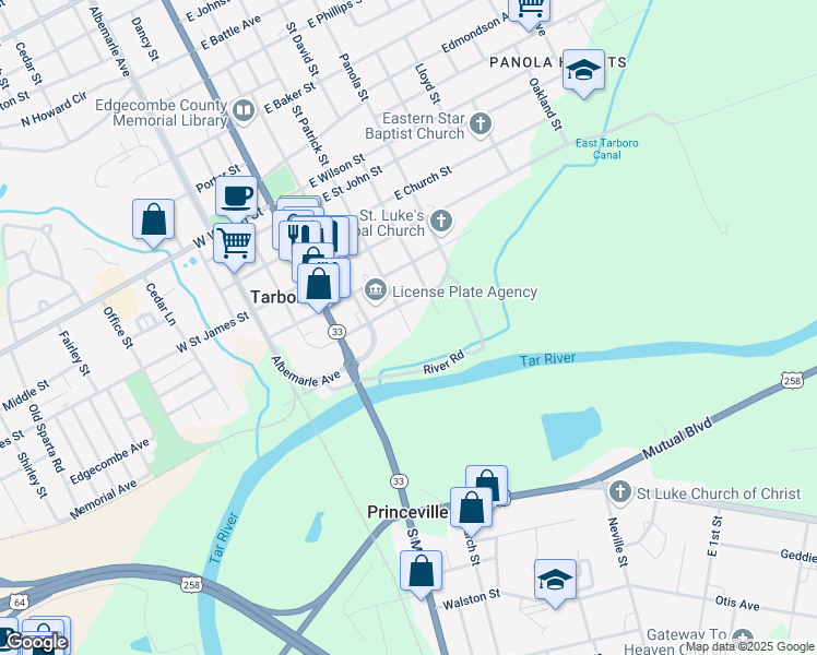 map of restaurants, bars, coffee shops, grocery stores, and more near 305 East Granville Street in Tarboro