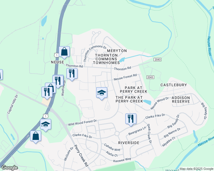 map of restaurants, bars, coffee shops, grocery stores, and more near 106 Neuse Commons Lane in Raleigh