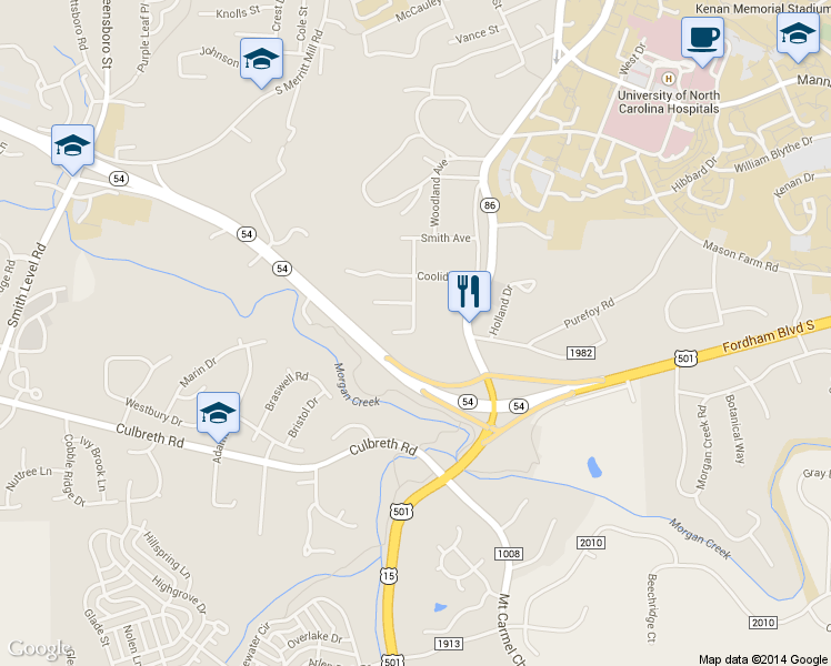 map of restaurants, bars, coffee shops, grocery stores, and more near 1019 Dawes Street in Chapel Hill