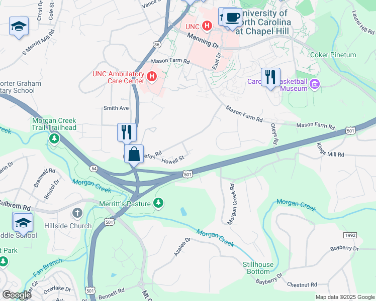 map of restaurants, bars, coffee shops, grocery stores, and more near 111 Howell Street in Chapel Hill