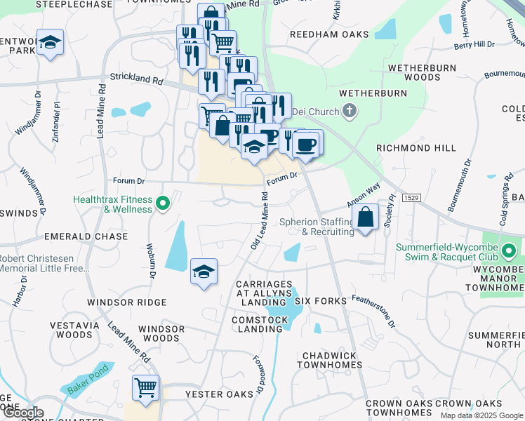 map of restaurants, bars, coffee shops, grocery stores, and more near 8601 Old Lead Mine Road in Raleigh
