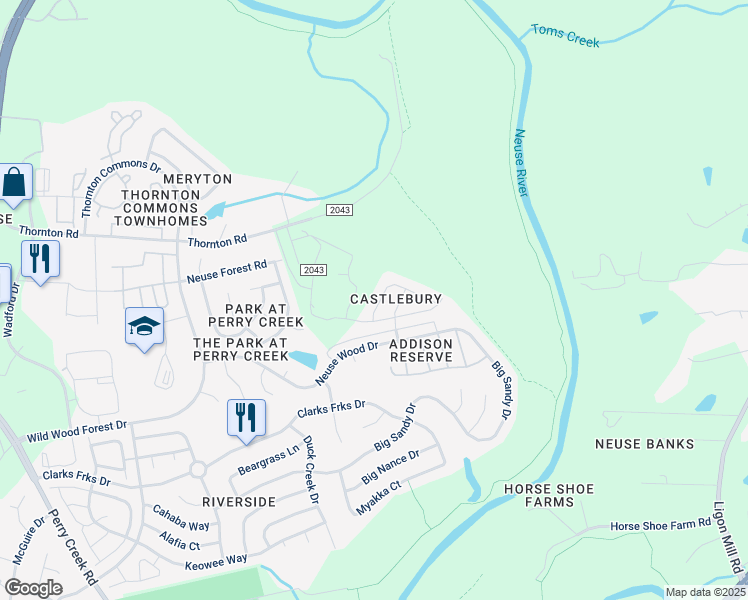 map of restaurants, bars, coffee shops, grocery stores, and more near 8521 Boysenberry Lane in Raleigh