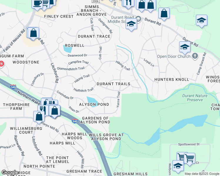 map of restaurants, bars, coffee shops, grocery stores, and more near 2905 Bolo Trail in Raleigh