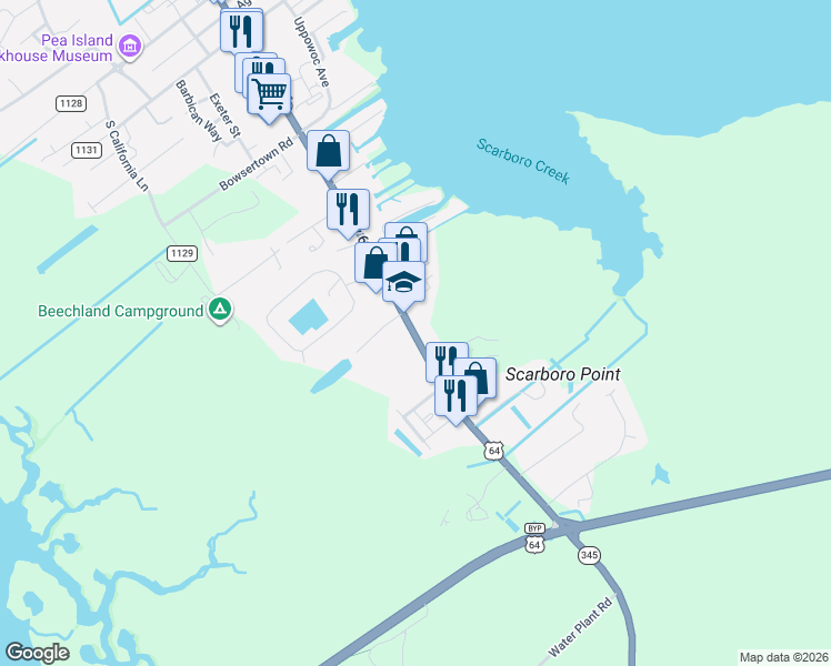 map of restaurants, bars, coffee shops, grocery stores, and more near 64 Patty Lane in Manteo