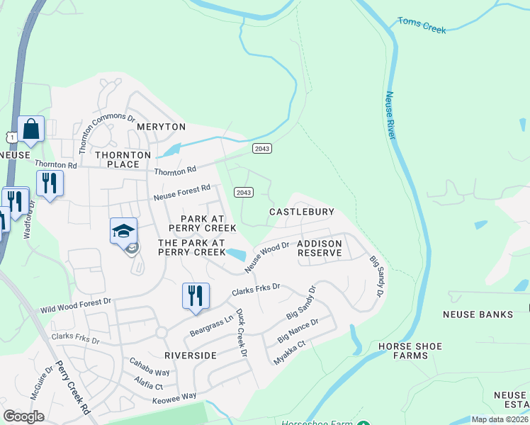 map of restaurants, bars, coffee shops, grocery stores, and more near 5512 Thornton Road in Raleigh
