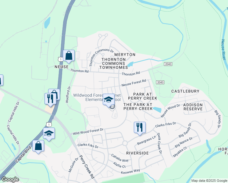 map of restaurants, bars, coffee shops, grocery stores, and more near 106 Neuse Commons Lane in Raleigh