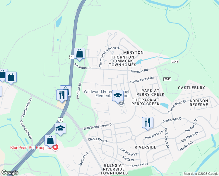map of restaurants, bars, coffee shops, grocery stores, and more near 5051 Neuse Commons Lane in Raleigh