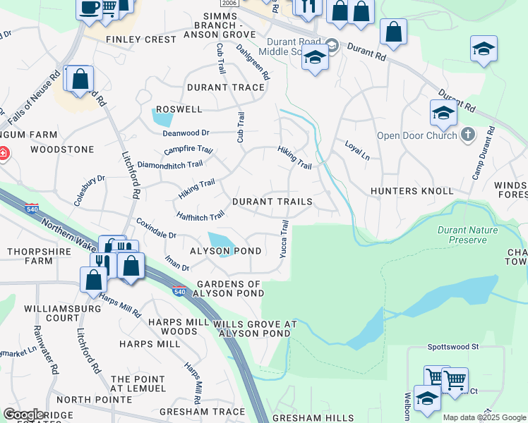 map of restaurants, bars, coffee shops, grocery stores, and more near 2905 Bolo Trail in Raleigh