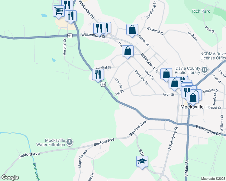 map of restaurants, bars, coffee shops, grocery stores, and more near 148 Grey Street in Mocksville