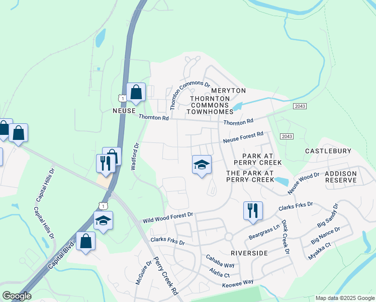 map of restaurants, bars, coffee shops, grocery stores, and more near 8641 Neuse Club Lane in Raleigh