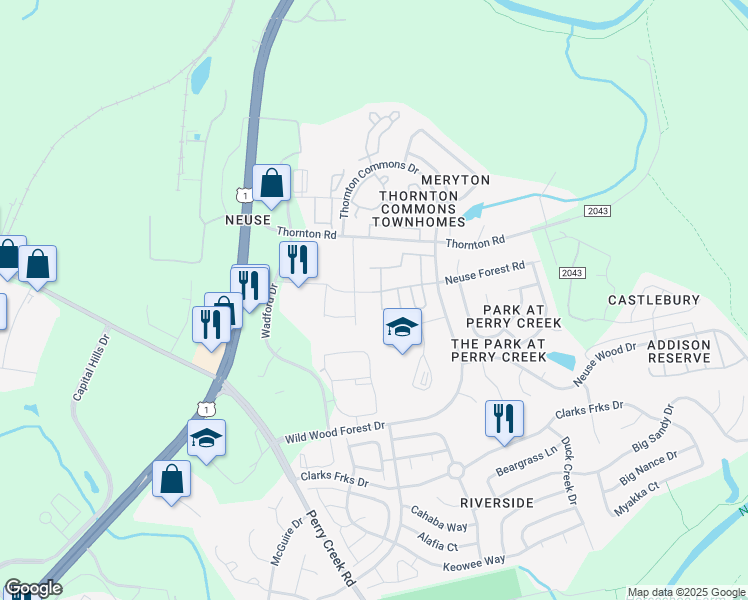 map of restaurants, bars, coffee shops, grocery stores, and more near 5051 Neuse Commons Lane in Raleigh