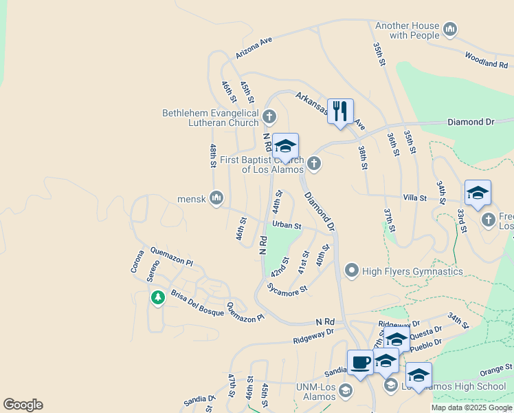 map of restaurants, bars, coffee shops, grocery stores, and more near 2178 45th Street in Los Alamos