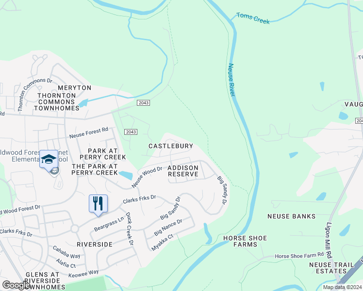 map of restaurants, bars, coffee shops, grocery stores, and more near 8644 Boysenberry Lane in Raleigh