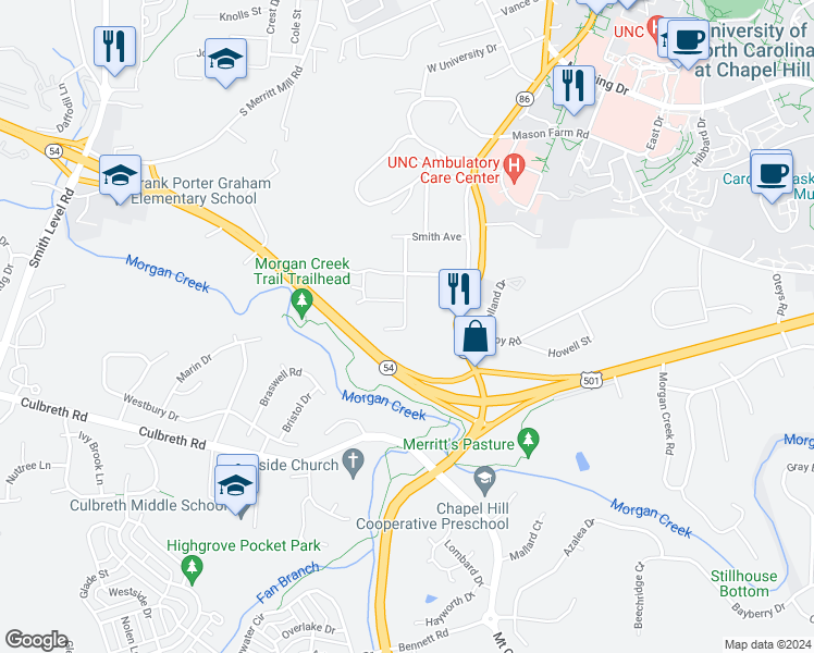 map of restaurants, bars, coffee shops, grocery stores, and more near 1025 Dawes Street in Chapel Hill