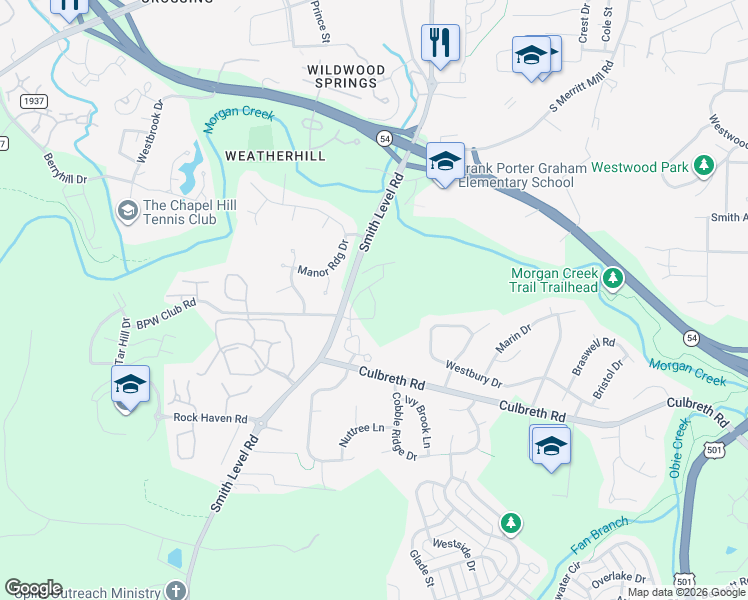 map of restaurants, bars, coffee shops, grocery stores, and more near 303 Smith Level Road in Chapel Hill
