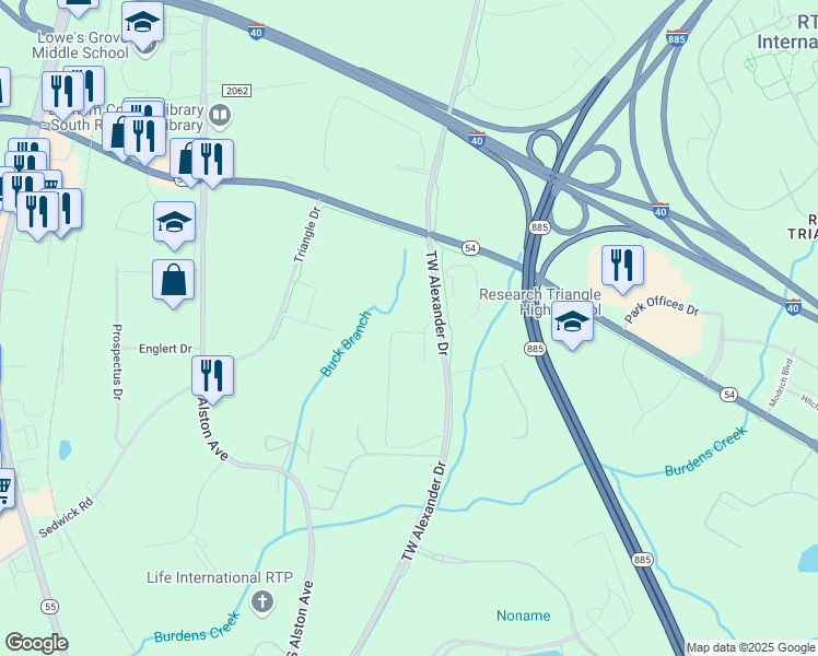 map of restaurants, bars, coffee shops, grocery stores, and more near 104 T W Alexander Dr in Durham