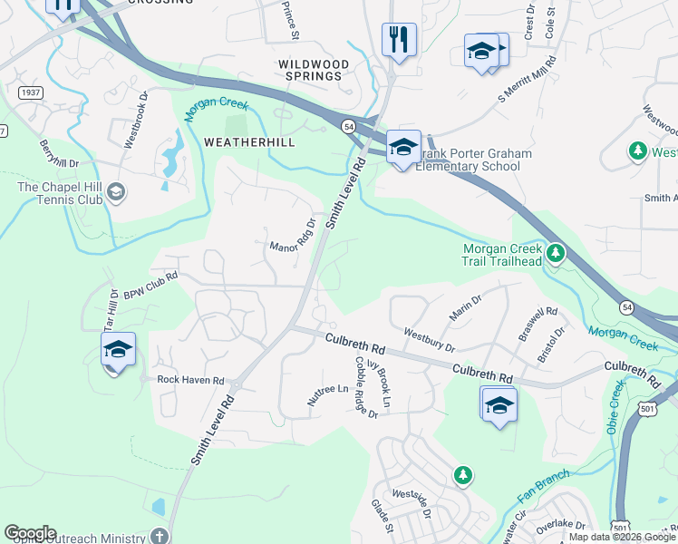map of restaurants, bars, coffee shops, grocery stores, and more near 303 Smith Level Road in Chapel Hill
