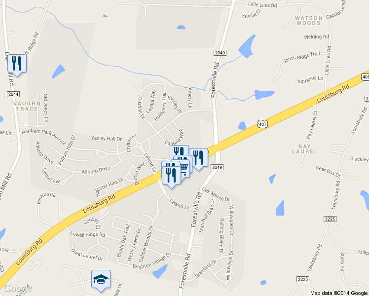 map of restaurants, bars, coffee shops, grocery stores, and more near 2845 Corbett Grove Drive in Raleigh