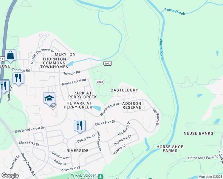 map of restaurants, bars, coffee shops, grocery stores, and more near 5512 Thornton Road in Raleigh