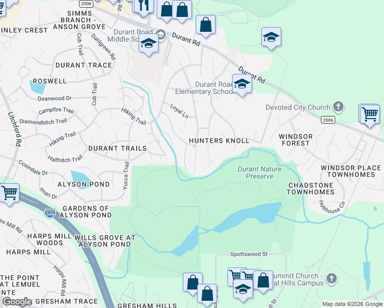 map of restaurants, bars, coffee shops, grocery stores, and more near 8730 Compass Lane in Raleigh
