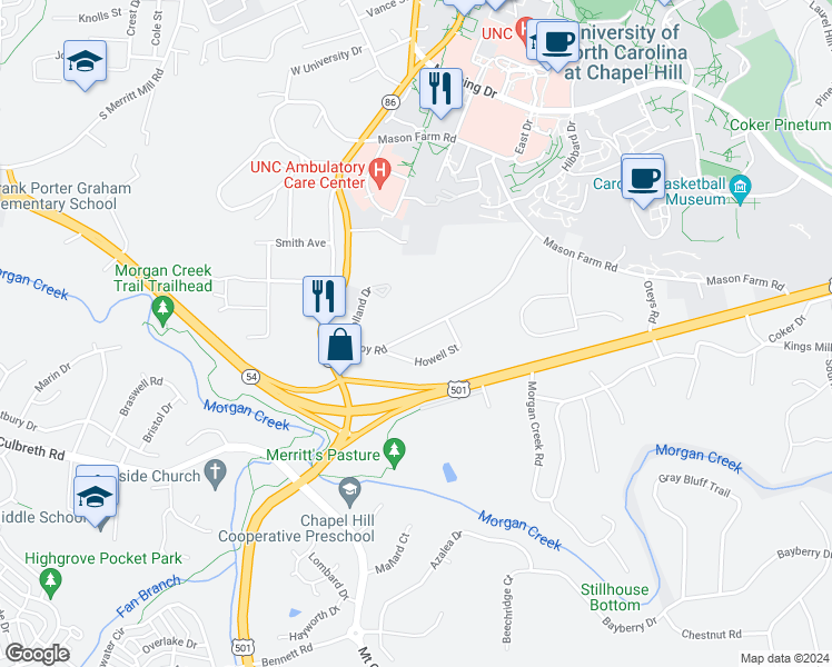map of restaurants, bars, coffee shops, grocery stores, and more near 204 Purefoy Road in Chapel Hill
