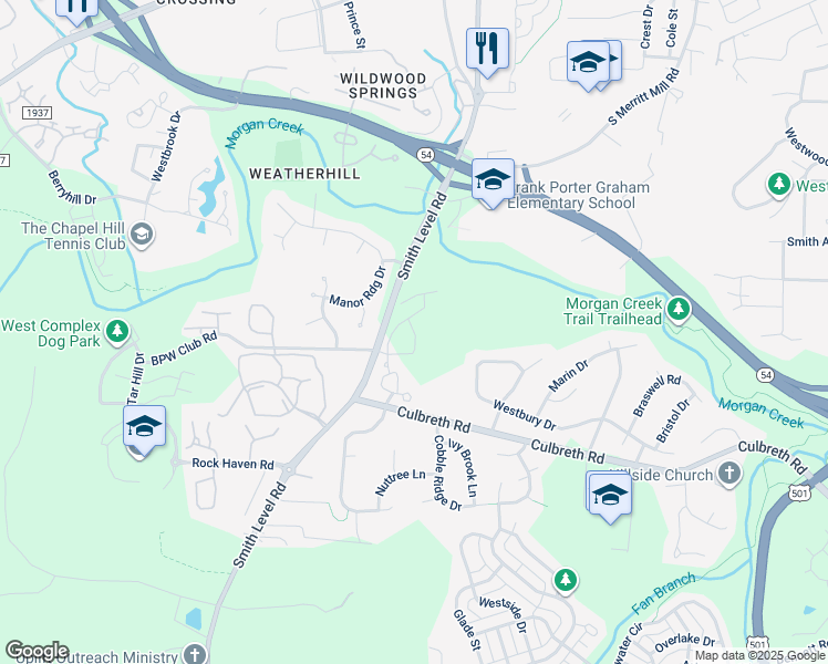 map of restaurants, bars, coffee shops, grocery stores, and more near 303 Smith Level Road in Chapel Hill