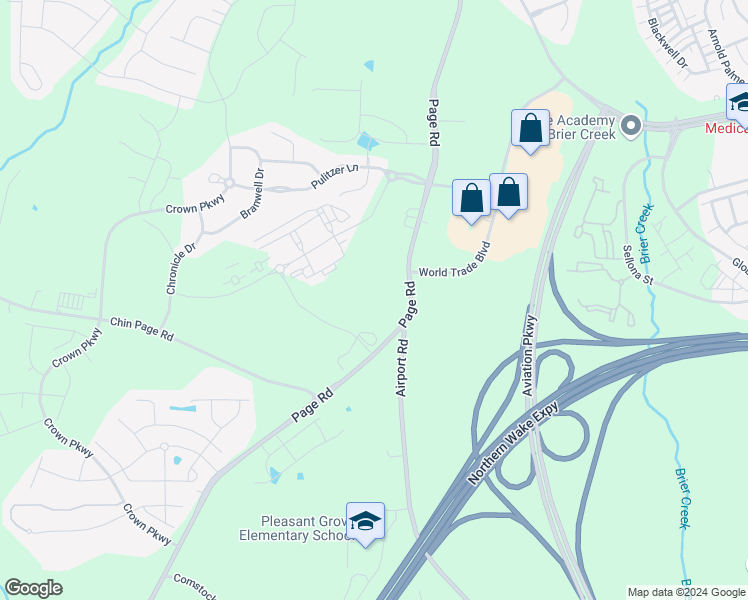 map of restaurants, bars, coffee shops, grocery stores, and more near 3802 Page Road in Morrisville