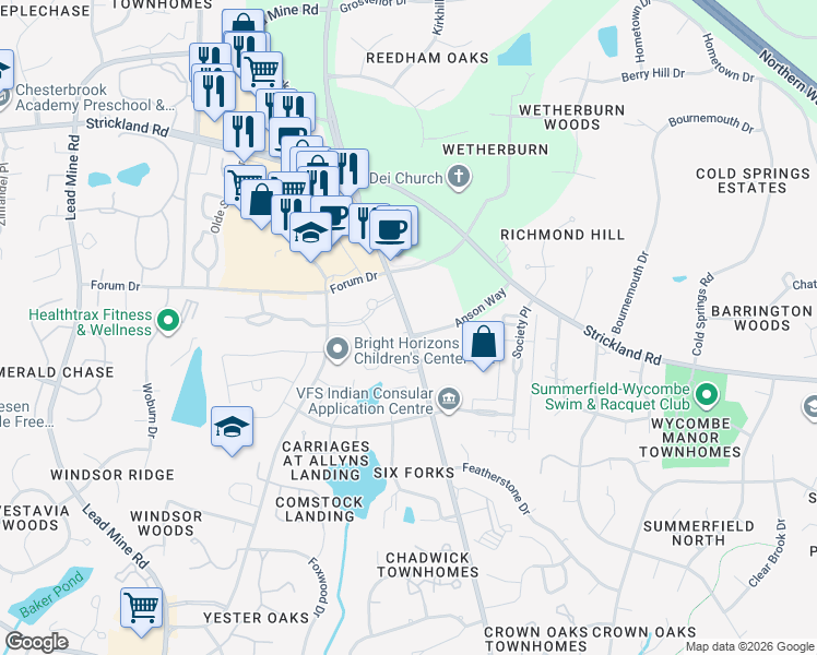 map of restaurants, bars, coffee shops, grocery stores, and more near Six Forks Road in Raleigh