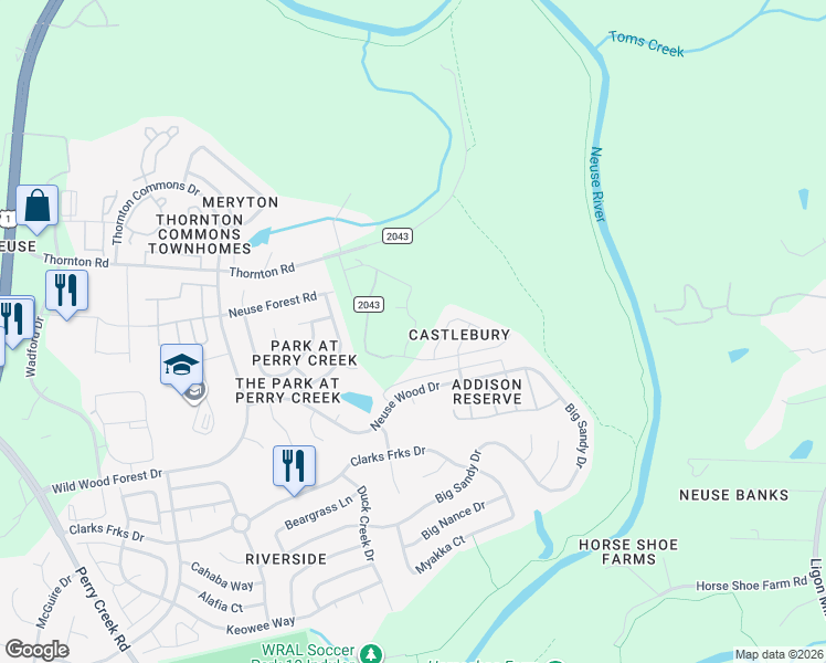 map of restaurants, bars, coffee shops, grocery stores, and more near 5512 Thornton Road in Raleigh