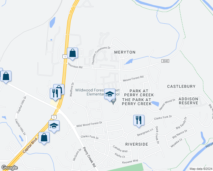 map of restaurants, bars, coffee shops, grocery stores, and more near 5110 Neuse Commons Lane in Raleigh