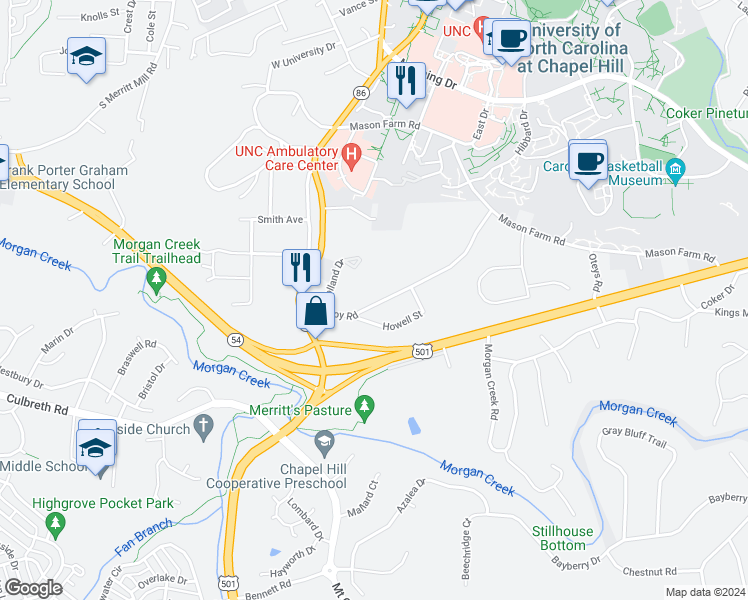 map of restaurants, bars, coffee shops, grocery stores, and more near 210a Purefoy Road in Chapel Hill