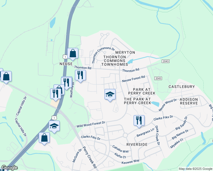map of restaurants, bars, coffee shops, grocery stores, and more near 5111 Neuse Commons Lane in Raleigh