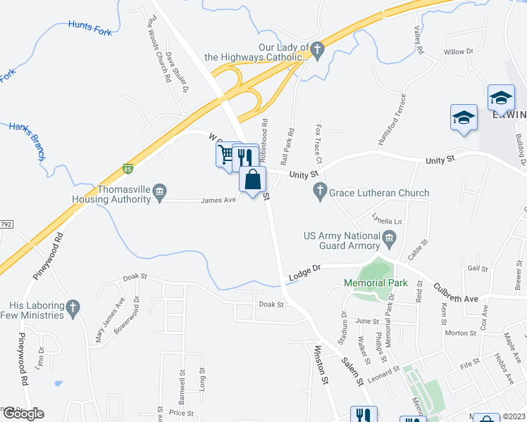 map of restaurants, bars, coffee shops, grocery stores, and more near 736 Salem Street in Thomasville