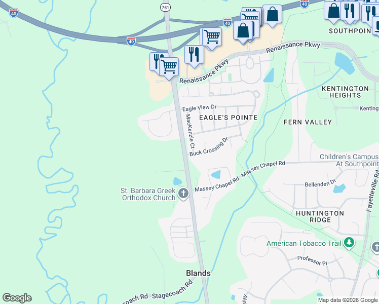map of restaurants, bars, coffee shops, grocery stores, and more near 8108 Mackenzie Court in Durham