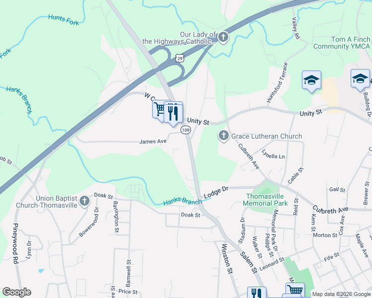 map of restaurants, bars, coffee shops, grocery stores, and more near 14 Salem Street in Thomasville