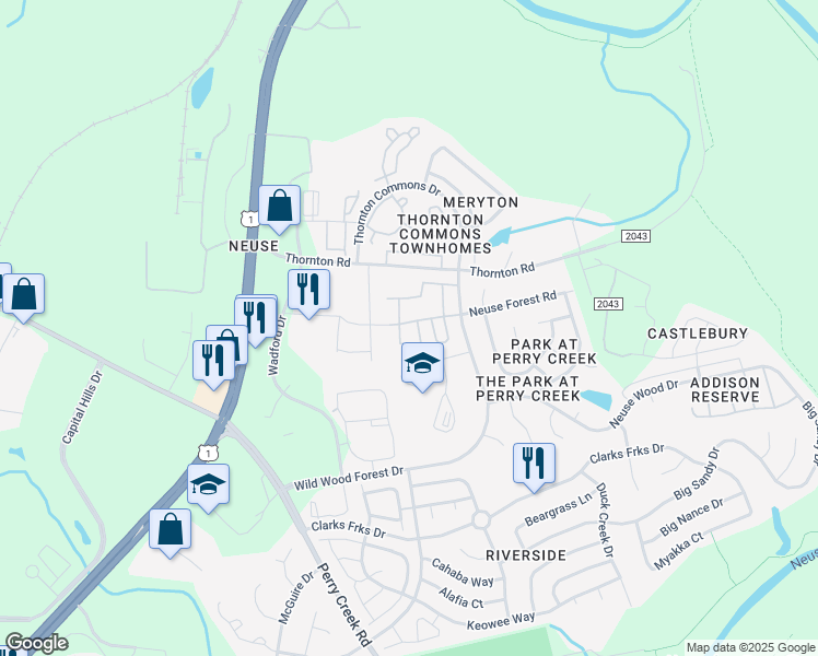 map of restaurants, bars, coffee shops, grocery stores, and more near 5111 Neuse Commons Lane in Raleigh