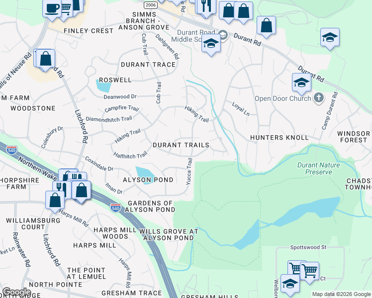 map of restaurants, bars, coffee shops, grocery stores, and more near 2916 Legging Lane in Raleigh