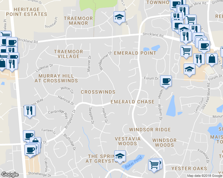 map of restaurants, bars, coffee shops, grocery stores, and more near 8615 Windjammer Drive in Raleigh