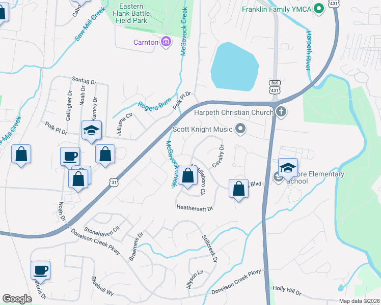 map of restaurants, bars, coffee shops, grocery stores, and more near 190 Cavalry Drive in Franklin